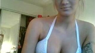 Blond hottie unleashes her big round perfect melons in bedroom - porn video